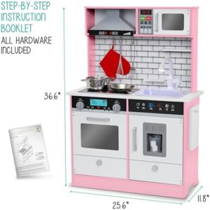 Lil' Jumbl Kids Pink Small Kitchen Set with realistic sound and light, featuring a microwave, stove top, oven, and included cookware. 