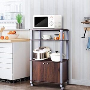 DORTALA 3-Tier Kitchen Baker’s Rack with storage shelves, cabinet, and wheels in walnut finish 