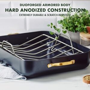 GreenPan Reserve Hard Anodized Roasting Pan with Gold Handles and Roaster Rack, PFAS-Free and Dishwasher Safe 