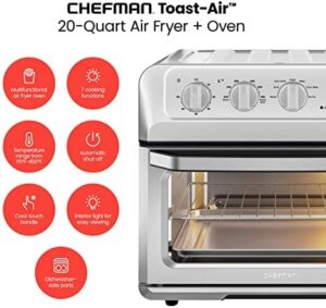 Chefman Air Fryer Toaster Oven Combo, 7-in-1 convection oven with air frying, baking, and toasting functions in a sleek stainless steel design.  