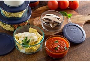 Pyrex Simply Store 14-Piece Round Glass Food Storage Set with blue lids, stackable and durable for meal prep and food storage.  