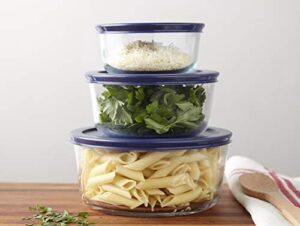 Pyrex 1118988 14-Piece Simply Store glass containers with blue lids, perfect for food storage and meal prep.  