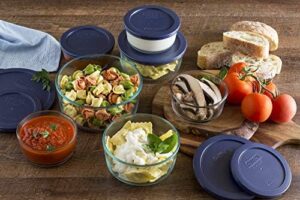 Pyrex 1118988 14-Piece Simply Store glass containers with blue lids, perfect for food storage and meal prep.  