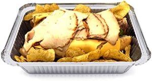 Stack of 480 premium 2.5-lb aluminum takeout pans with secure lids, perfect for catering, meal prep, and freezer storage  