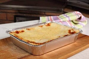 Full-size disposable aluminum pans, perfect for baking, roasting, and catering, measuring 20.75" x 12.08", available in a 50-count pack.  