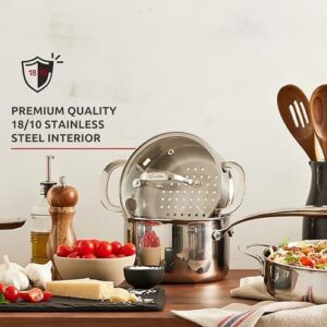 Lagostina Tri-Ply Clad 12-Piece Cookware Set with stainless steel pots and pans, stay-cool handles, and tempered glass lids, induction and oven safe.  