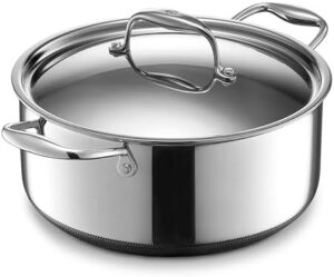 HexClad Hybrid Nonstick Dutch Oven with stainless steel lid, 5-quart capacity, oven-safe up to 900°F, induction ready 
