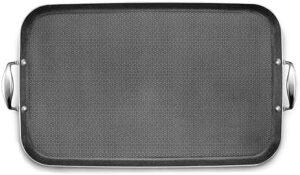 HexClad Hybrid Nonstick Double Burner Griddle, compatible with all cooktops, featuring a durable hybrid surface and oven-safe design. 