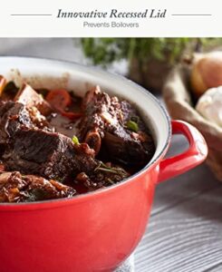 Merten & Storck European Crafted 7QT Dutch Oven in Lava Red, a high-quality enameled iron casserole with a durable lid, perfect for slow cooking and roasting.  
