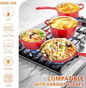 Hisencn Enameled Cast Iron Cookware Set featuring Dutch Oven, Sauce Pan, and Skillet in Rouge Red
