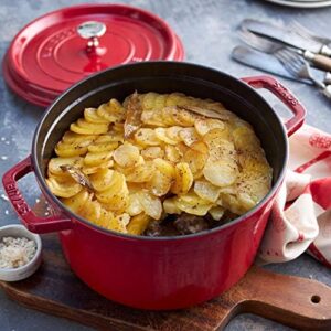 Staub Cast Iron Cocotte, 5qt, Cherry, with self-basting lid and enamel coating, perfect for slow-cooking and braising