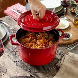 Staub Cast Iron Cocotte, 5qt, Cherry, with self-basting lid and enamel coating, perfect for slow-cooking and braising