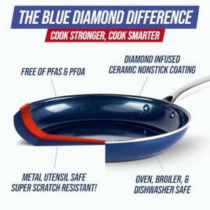 Blue Diamond 11 Piece Cookware Set featuring durable diamond-infused nonstick ceramic coating, dishwasher and oven safe, non-toxic, and metal utensil safe.