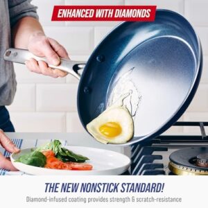Blue Diamond 11 Piece Cookware Set featuring durable diamond-infused nonstick ceramic coating, dishwasher and oven safe, non-toxic, and metal utensil safe.