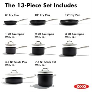 OXO Softworks 13 Piece Cookware Set featuring nonstick coating, durable fry pans, and sleek gray design