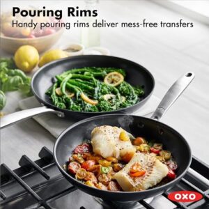 OXO Softworks 13 Piece Cookware Set featuring nonstick coating, durable fry pans, and sleek gray design