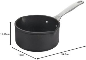 Le Creuset Toughened Nonstick Pro Open Saucepan with Double Pour Spouts, 1.7 qt on a kitchen countertop
