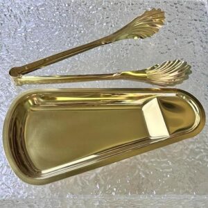 2-Pack Set Gold 304 Stainless Steel Food Tray and Shell Tongs with Non-slip Grip, Ideal for BBQs, Buffets, and Cooking