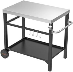 only fire Stainless Steel Movable Dining Cart Table for Ooni Pizza Oven, Multifunctional Utility Cart with Wheels