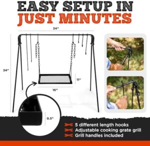 Bruntmor Grill Swing Campfire Cooking Stand BBQ Grill with Adjustable Legs, Hooks, and Carrying Case