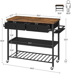 VASAGLE Kitchen Island in rustic brown and black with microwave stand, drawers, towel bar, and spice holder