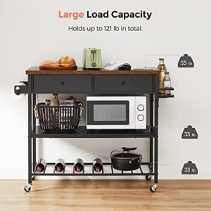 VASAGLE Kitchen Island in rustic brown and black with microwave stand, drawers, towel bar, and spice holder