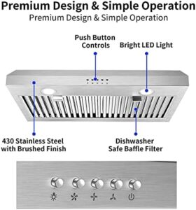 SNDOAS Under Cabinet Range Hood 30 inch with stainless steel design, 500 CFM motor, baffle filters, and LED lights for superior kitchen ventilation.  