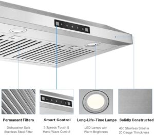 EVERKITCH Under Cabinet Range Hood 30 Inch Stainless Steel, 600CFM, Ducted with Gesture/Touch Control