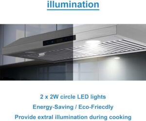 SNDOAS Range Hood 30 Inch Under Cabinet in stainless steel with touch control panel and three venting speeds
