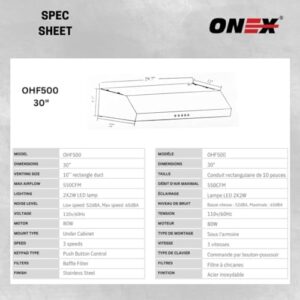 ONEX® Recirculating Range Hood 30 inch under cabinet with 550 CFM, 3-speed fan, and push-button control panel