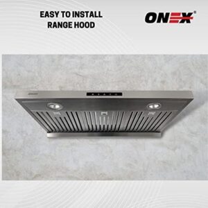 ONEX® OHF60D Kitchen Range Hood Fan, 30-inch stainless steel design with soft touch control panel and 700 CFM power.