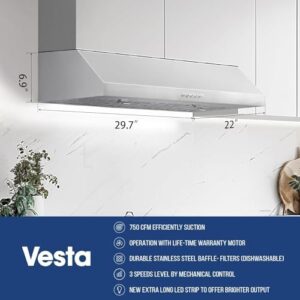 Vesta Chicago 30" White Stainless Steel Under Cabinet Range Hood with LED light and baffle filters