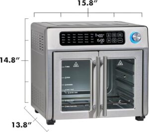 Emeril Lagasse Extra Large French Door Air Fryer Toaster Oven Combo with 25 cooking functions and digital controls, stainless steel finish, and spacious 26QT capacity.  