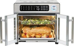 Emeril Lagasse Extra Large French Door Air Fryer Toaster Oven Combo with 25 cooking functions and digital controls, stainless steel finish, and spacious 26QT capacity.  