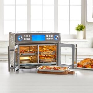 Emeril Lagasse Everyday French Door 360 Air Fryer with 25-quart capacity and dual temperature zones, perfect for versatile cooking. 