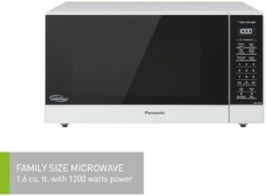 Panasonic NNST75LWC Family Size Genius Cyclonic Inverter 1200 W Microwave Oven in white, featuring 15 auto cook menus and child lock.  