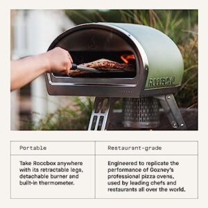 Gozney Roccbox Outdoor Pizza Oven in Green, perfect for outdoor cooking with gas and wood fire options