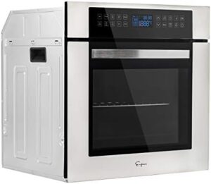 Empava 24 Inch Electric Single Wall Oven with 10 cooking functions and rotisserie, featuring a sleek stainless steel design.