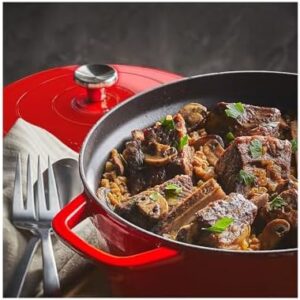 Instant Electric Round Dutch Oven in red with 5-in-1 cooking functions