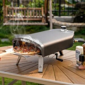 Mimiuo Outdoor Gas Pizza Oven with manual rotation system, pizza stone, oven cover, and pizza peel – perfect for outdoor pizza grilling.  