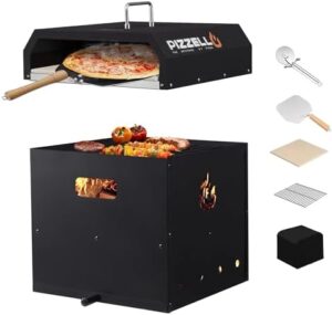 PIZZELLO 4-in-1 Outdoor Pizza Oven with pizza stone, peel, cover, and grill grate, perfect for wood-fired cooking.  