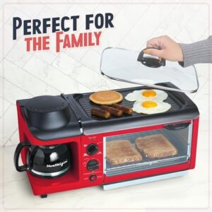 Nostalgia Retro 3-in-1 Family Size Electric Breakfast Station in red, featuring a non-stick griddle, 4-slice toaster oven, and coffee maker