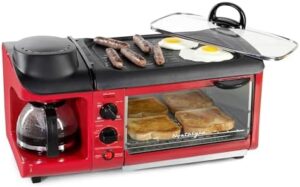 Nostalgia Retro 3-in-1 Family Size Electric Breakfast Station in red, featuring a non-stick griddle, 4-slice toaster oven, and coffee maker
