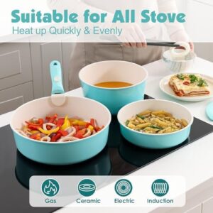SENSARTE 17 Piece Ceramic Pots and Pans Set in Turquoise, Nonstick with Detachable Handles