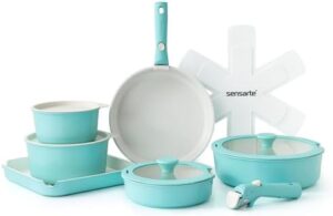 SENSARTE 17 Piece Ceramic Pots and Pans Set in Turquoise, Nonstick with Detachable Handles