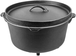 Cuisiland Pre-seasoned Cast Iron Dutch Oven 20 Quart with Lip Lid 3 Legs on a kitchen countertop
