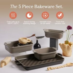 Our Place Bakeware Set - Nonstick, toxin-free 5-piece ceramic and cast aluminum set with oven pan, bakers, and oven mat.
