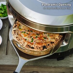 Solo Stove Pi Prime Pizza Oven in action, delivering crispy pizza in 90 seconds with its panoramic opening and cordierite stone.