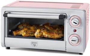 GreenLife Countertop Toaster Oven Air Fryer in pink with healthy ceramic nonstick surface, perfect for baking, broiling, and air frying.