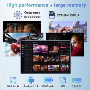 Android 14 Tablet 10.1 inch with 22GB RAM and 128GB ROM, featuring an HD touchscreen and 5G Wi-Fi